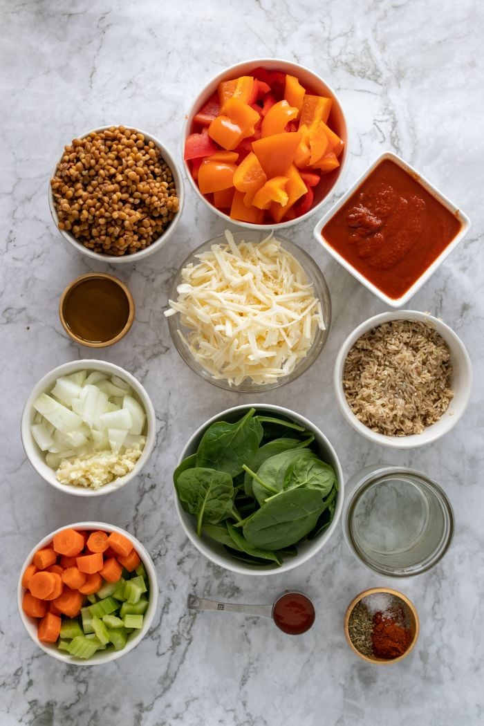 a top down view of all the ingredients needed to make instant pot stuffed pepper casserole